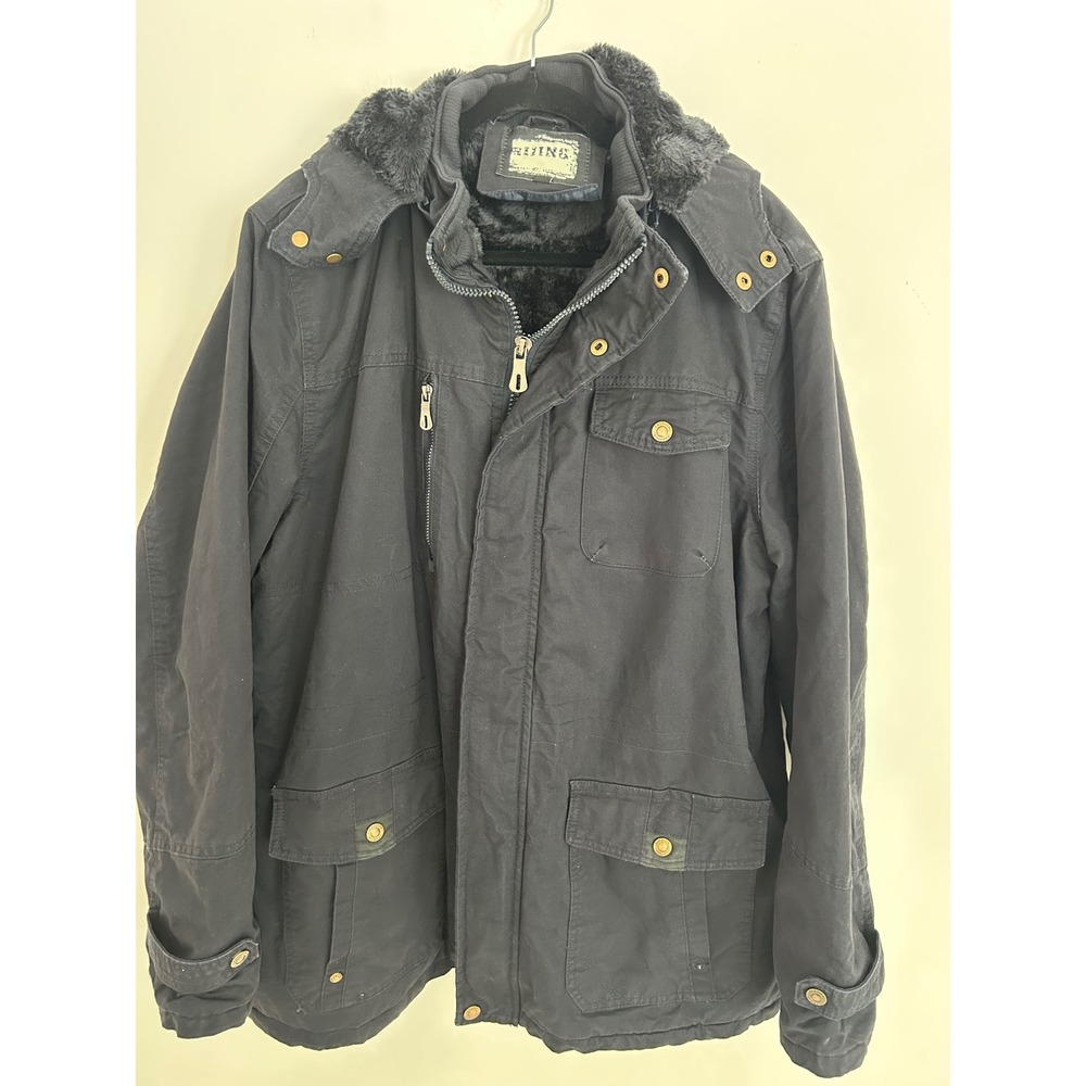 Rujing Mens XL Black Cotton Canvas Faux Fur Lined Field Jacket Hooded Parka Coat